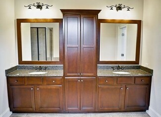 Bathroom Vanity: Espresso Shaker and Scrolled Sconces