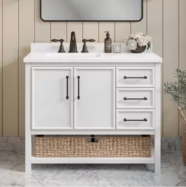 Bathroom Vanity featuring Open Bottom Shelf and Shaker Doors