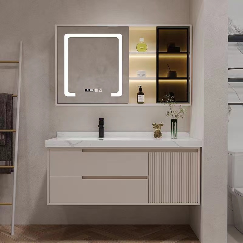 Bathroom Vanity: Floating Vanity with LED Mirror Warm Tan