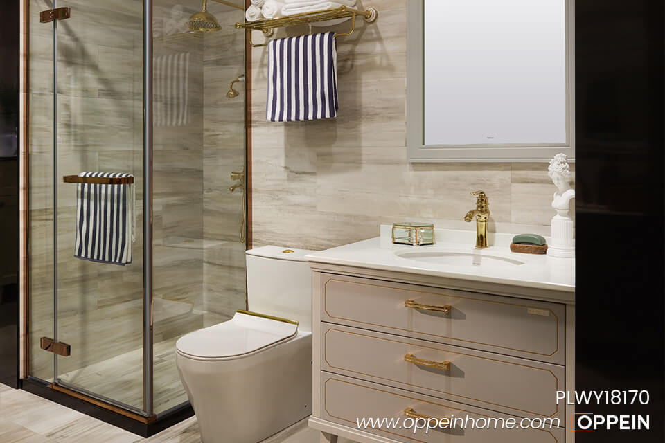 Bathroom Vanity: Gold Accented Bathroom Vanity Linear Pulls