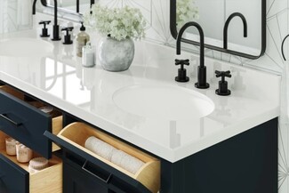 Bathroom Vanity in Navy Blue Cabinetry and Matte Black