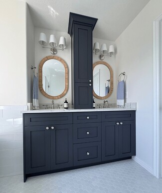 Bathroom Vanity: Navy Shaker with Rattan Oval Mirrors