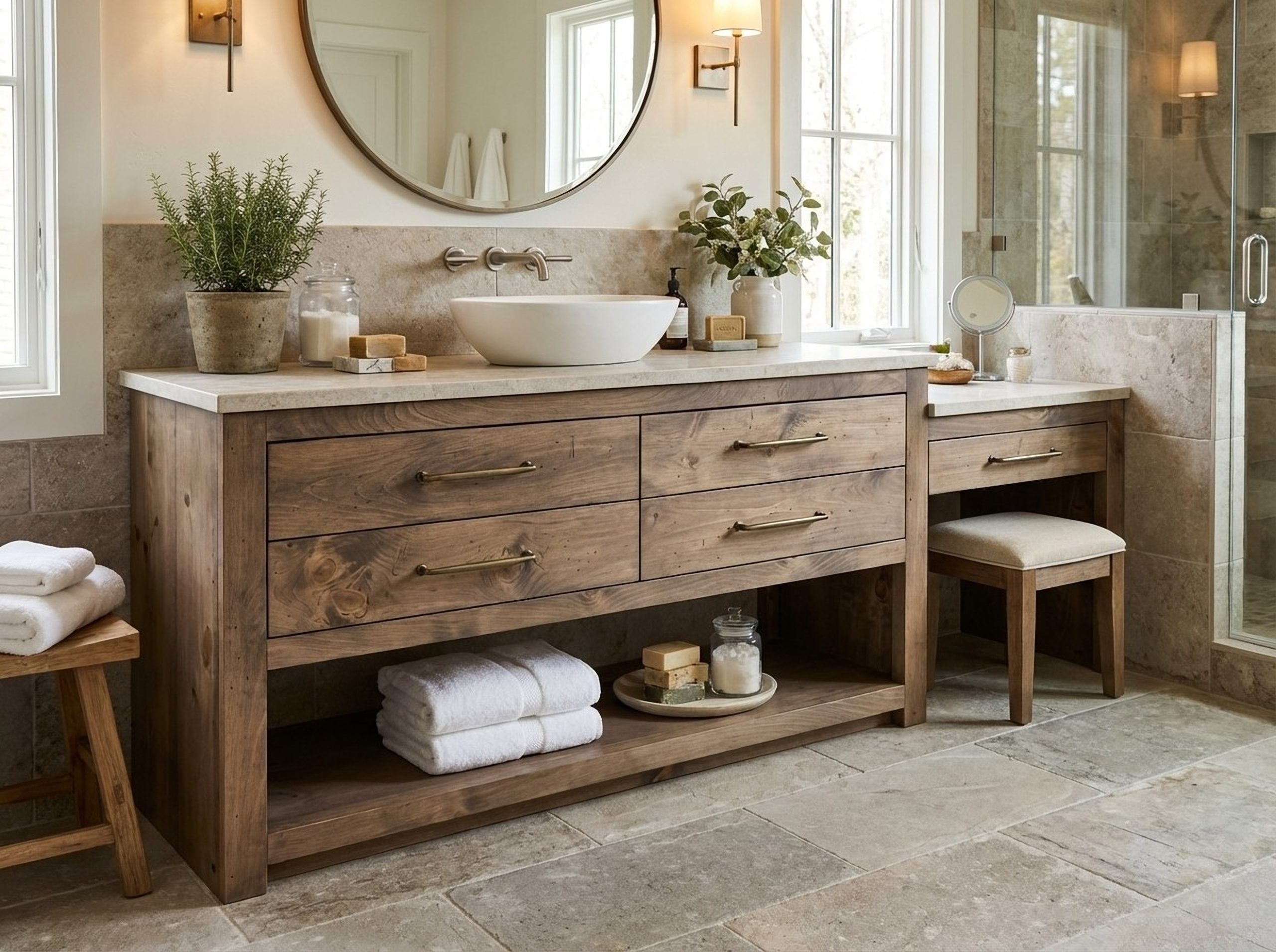Bathroom Vanity: Rustic Wood Area with Open Lower Shelf