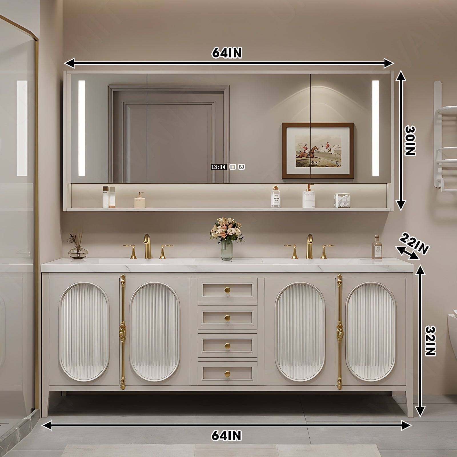 Bathroom Vanity Set: Beige Fluted Double Vanity Oval Panels