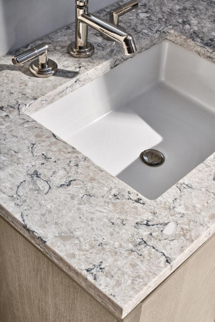 Bathroom Vanity set with Marbled White Quartz and Light Wood