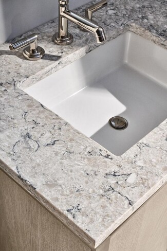 Bathroom Vanity set with Marbled White Quartz and Light Wood