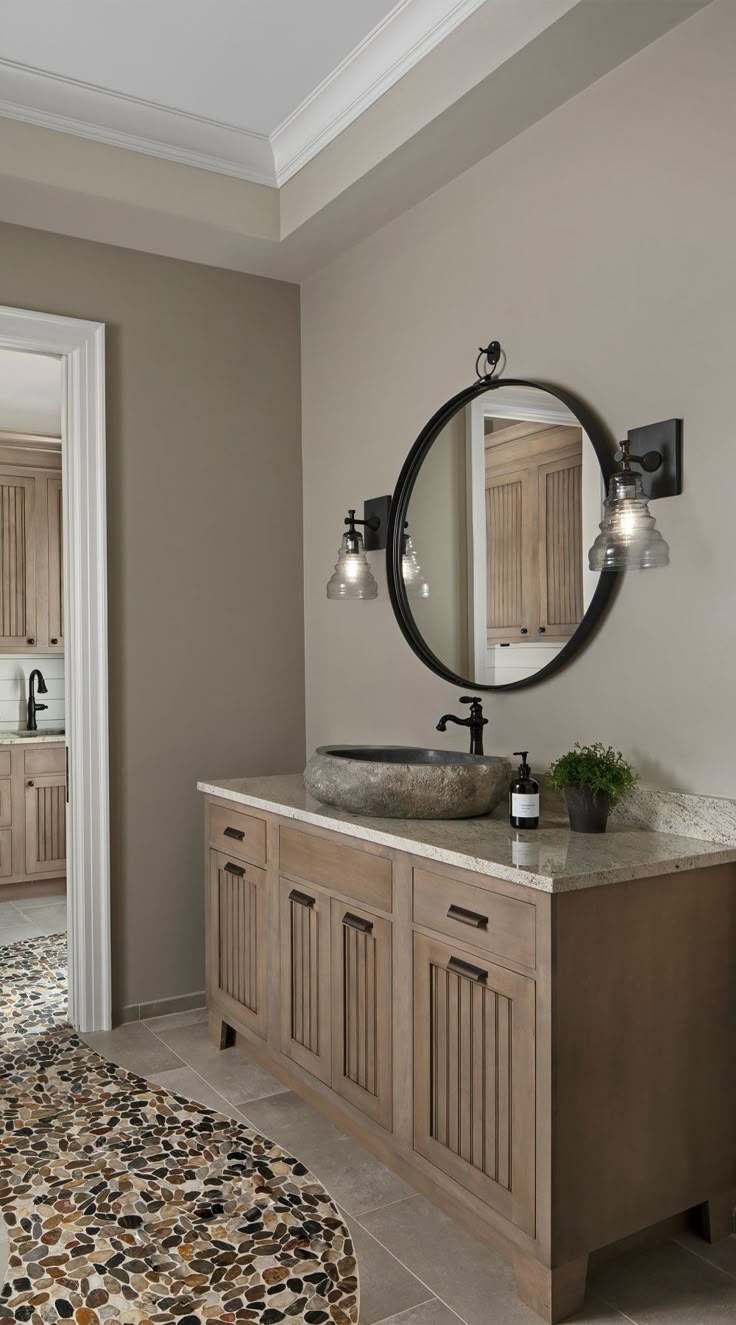 Bathroom Vanity: Stone Vessel Sink Vanity Pebble Floor Tile