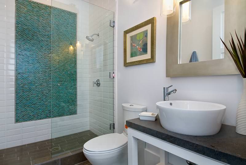 Bathroom Vanity Teal Mosaic Accent and Stone Countertop