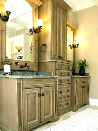 Bathroom Vanity: Weathered Wood and Wall Mounted Faucet