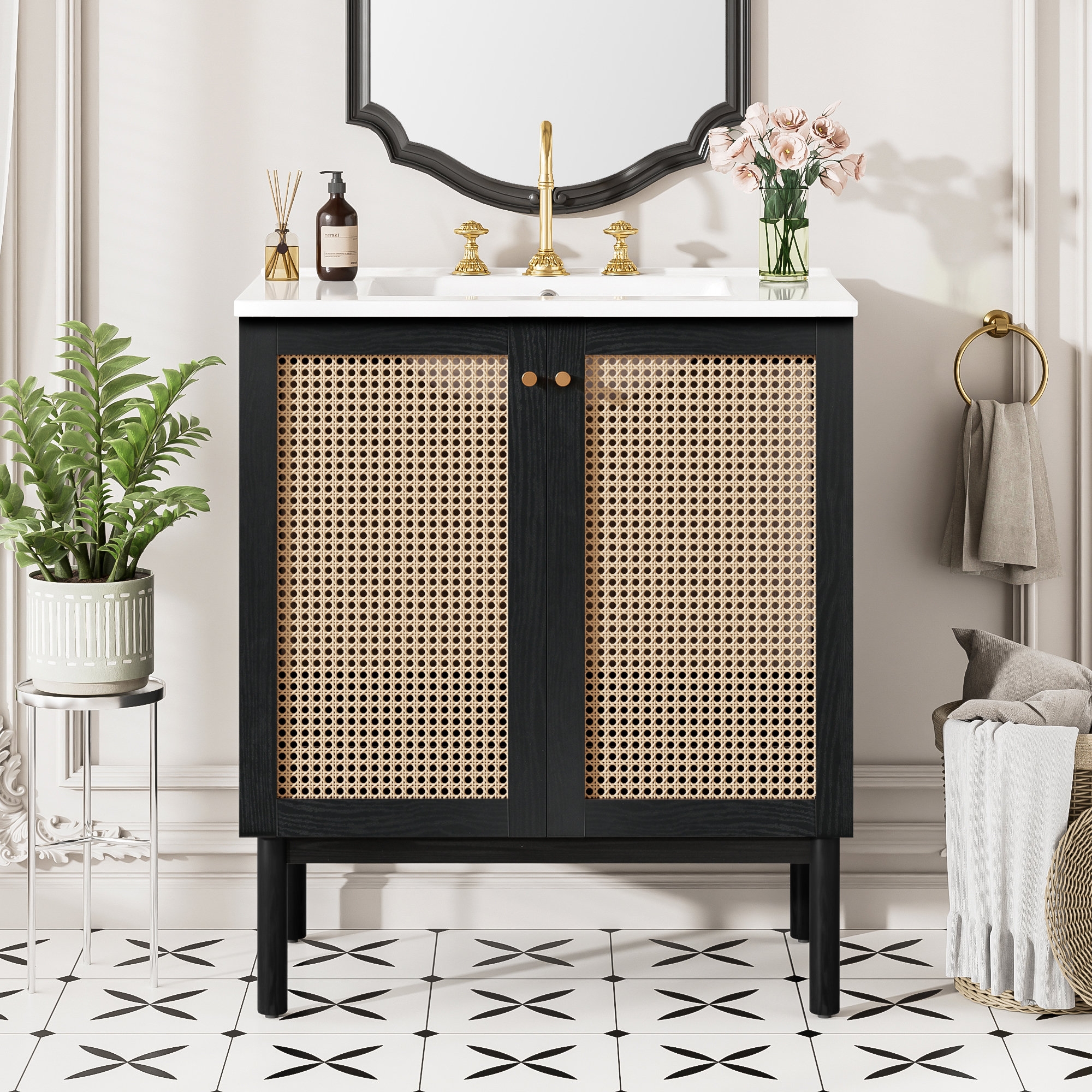 Bathroom Vanity with Cane Webbing Doors in Matte Black