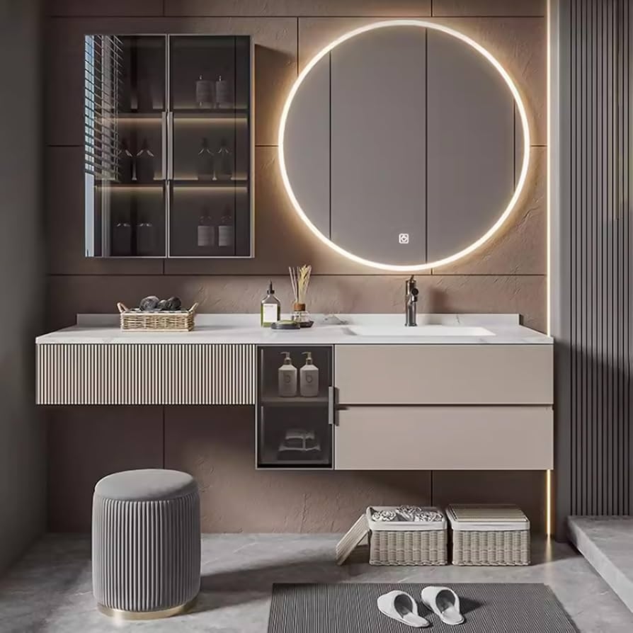 Bathroom Vanity with Fluted Fronts and Backlit Mirror