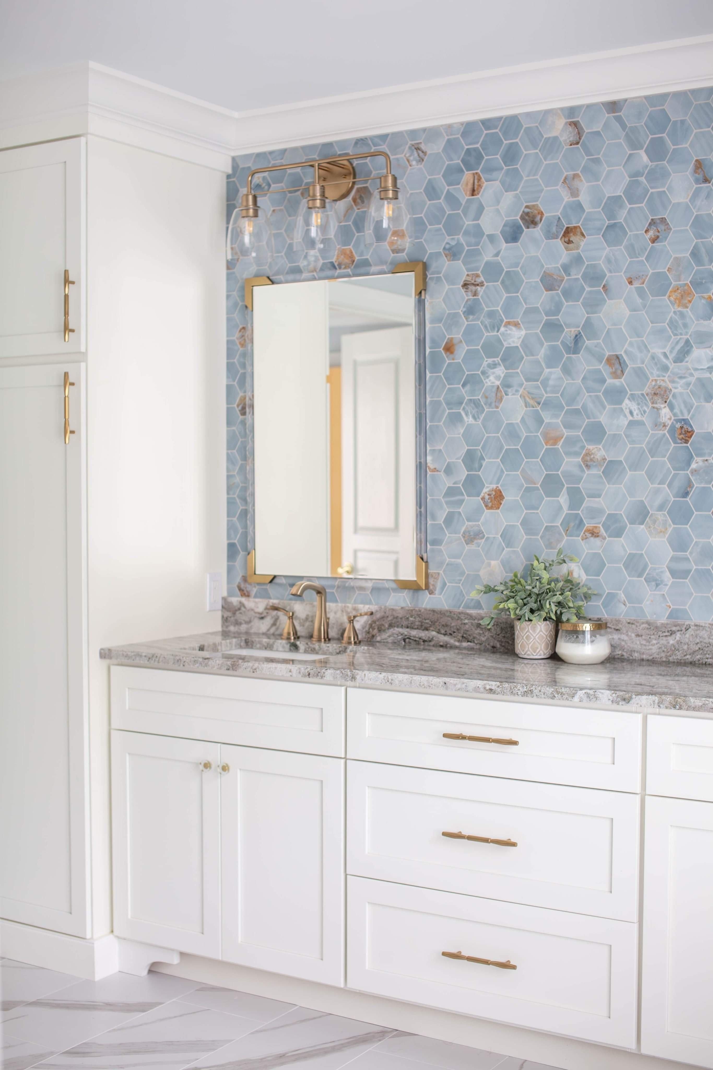 Bathroom Vanity with Hexagonal Mosaic Blue Tile Backsplash