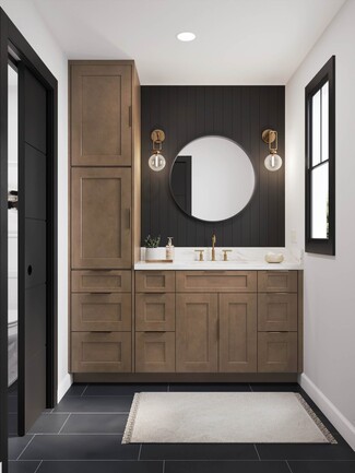 Bathroom Vanity with Integrated Linen Tower and Vertical Slat Backdrop