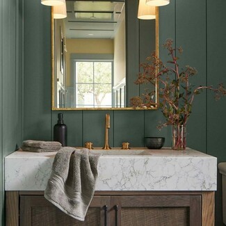 Bathroom Vanity with Thick Slab Countertop and Vertical Panels