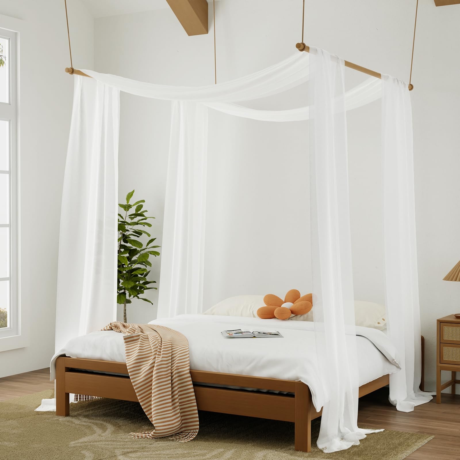 Bed Canopy with Ceiling Suspended Frame and Sheer Scarf