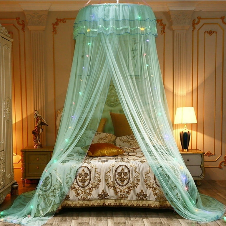 Bed Canopy with Star Fairy Lights and Mint Green Mesh