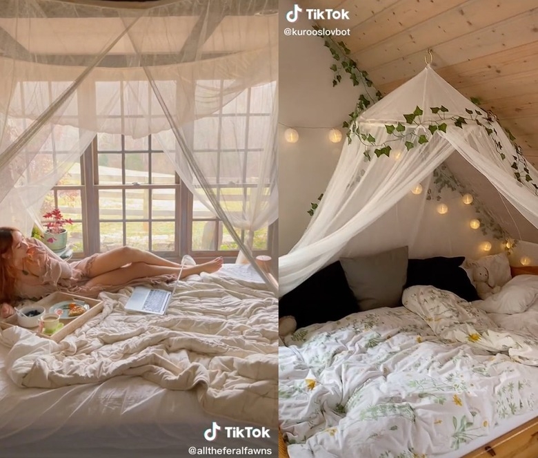 Bed Canopy with Warm Globe Lighting and Nature Inspired Bedroom