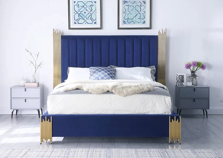 Bed Frame Gold Metal Pipe Accents and Vertical Channeling Blue