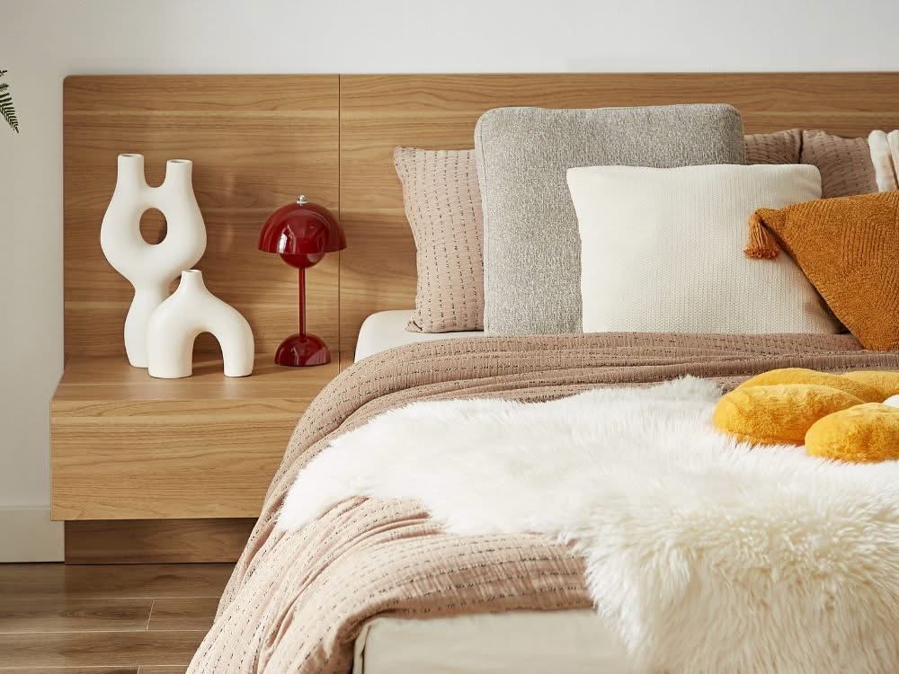 Bed Frame Integrated Floating Nightstand Bed Frame in Oak