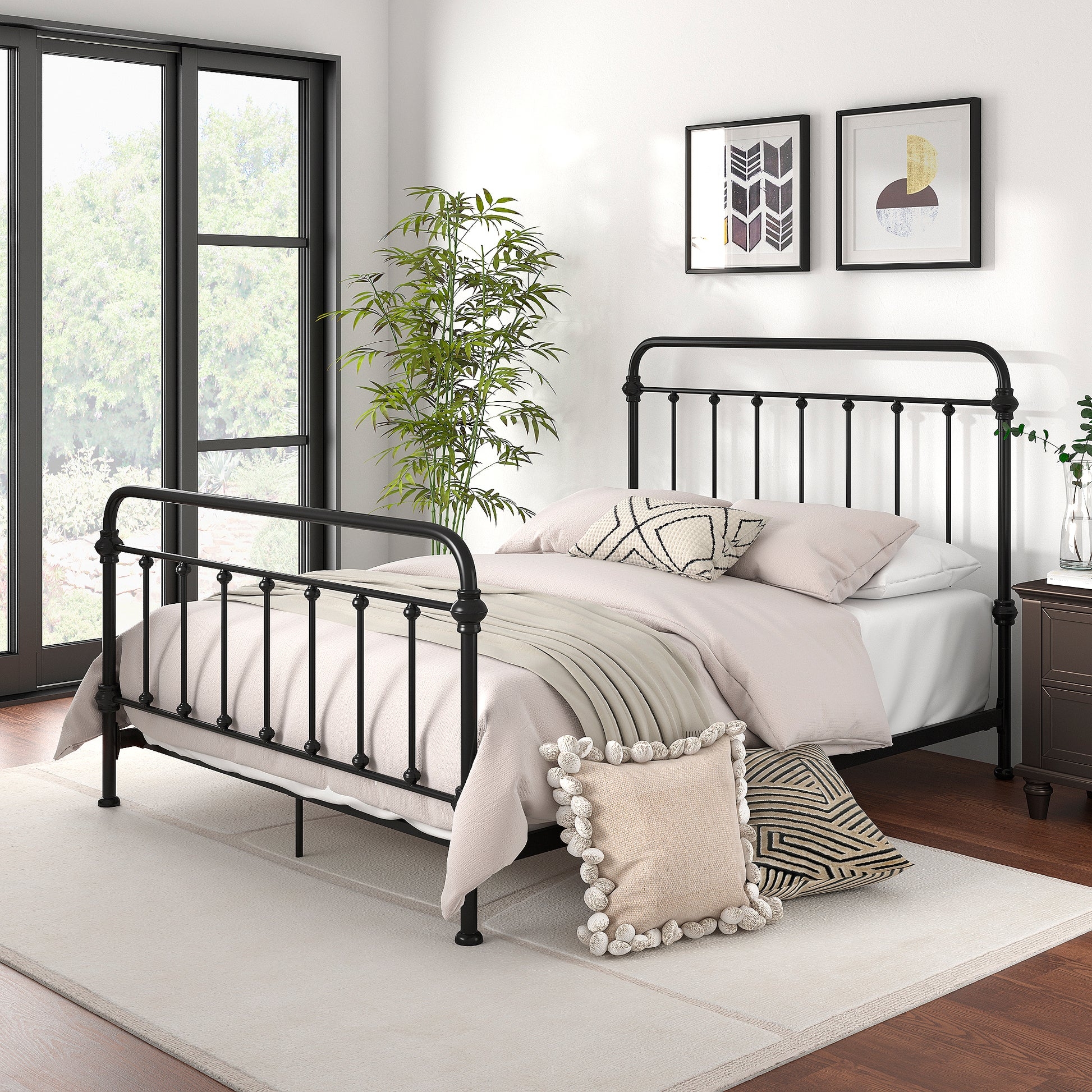 Bed Frame with Curved Silhouette and Spindle Design