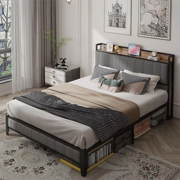 Bed Frame with Headboard Shelf and Built-In Power Outlet