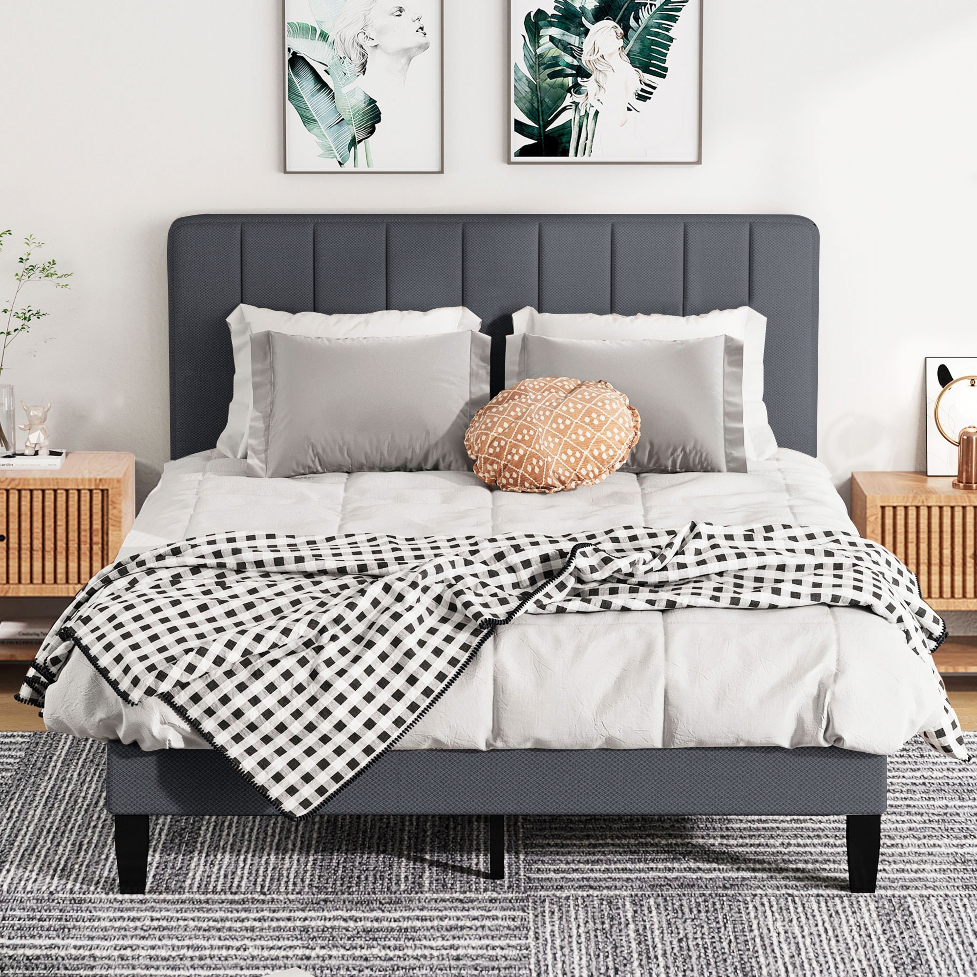 Bed Frame with Vertical Channel Tufting and Tapered Black Legs