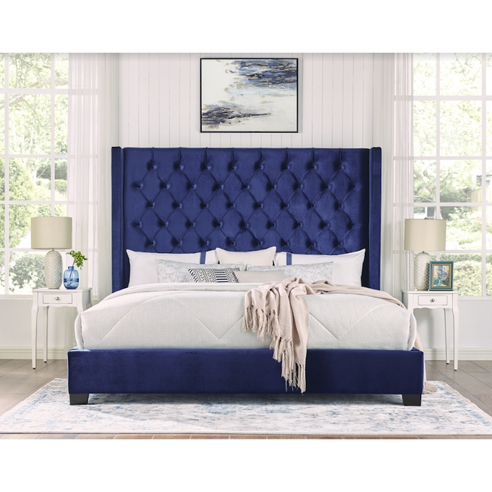 Bed Tall Floor Length Headboard in Upholstered Navy Velvet
