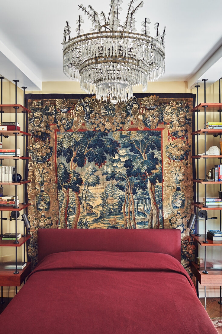 Bed Tapestry Ensemble: Floor To Ceiling Shelving Verdure Pattern