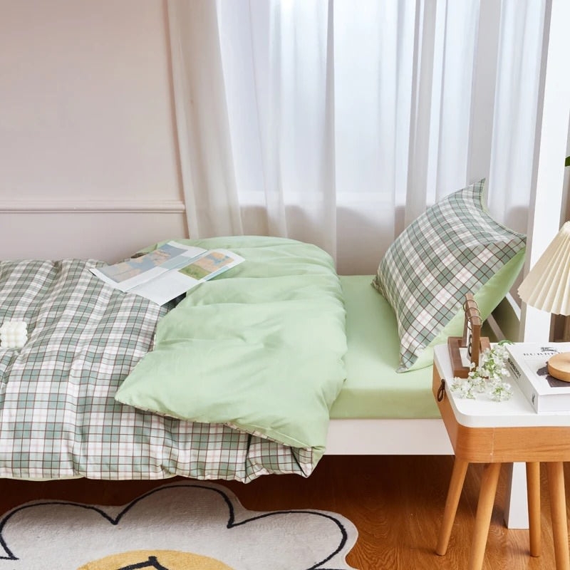 Bedding Set: Checkered Duvet Pastel Dorm Room Decor Sage Green
