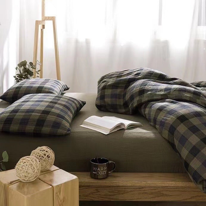 Bedding Set: Cotton Gauze Plaid Gauze Bedding Set in Olive