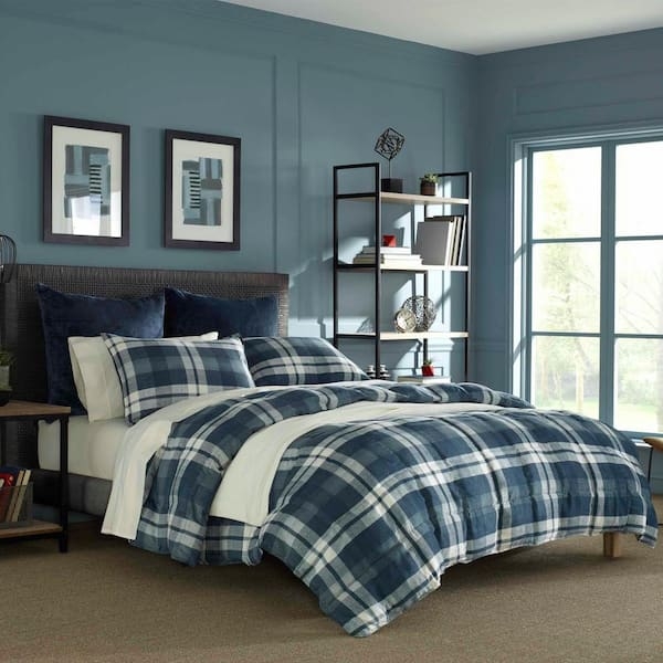 Bedding Set Navy Plaid Pattern Micro Suede Texture
