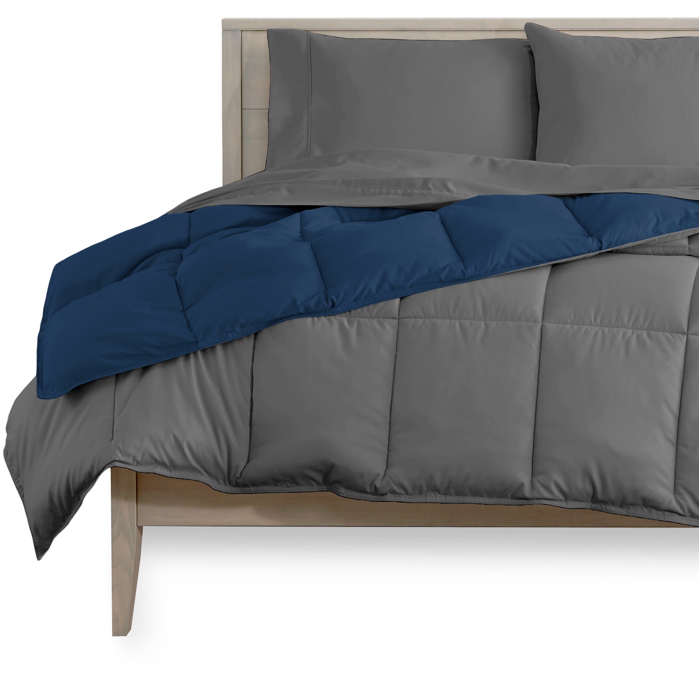 Bedding Set Reversible Navy Gray Box Quilted Fiber