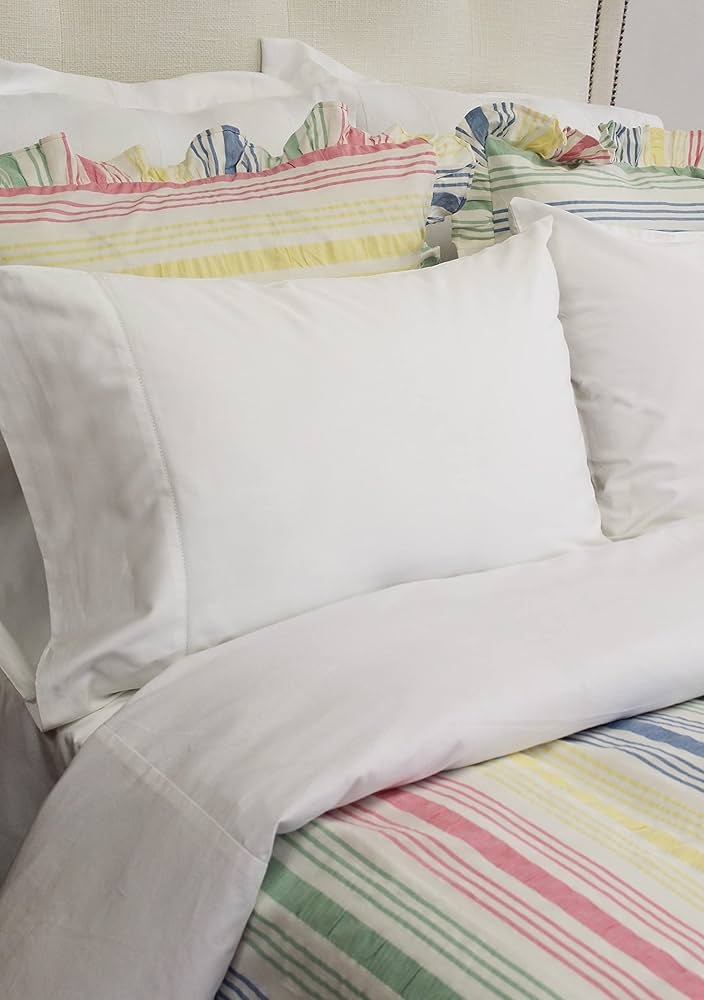 Bedding Set Seersucker Texture Ruffled Shams Pastel Stripe