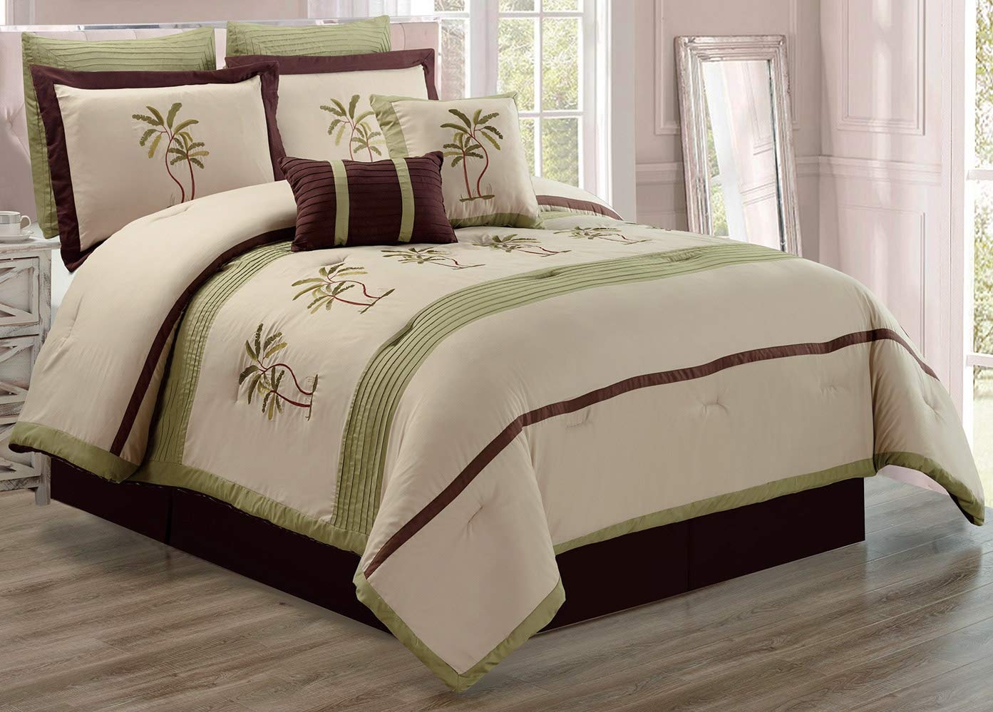 Bedding Set with Embroidered Palm Trees and Pleated Texture