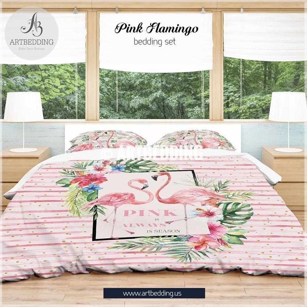 Bedding Set with Flamingo Heart Graphic and Pink Stripes