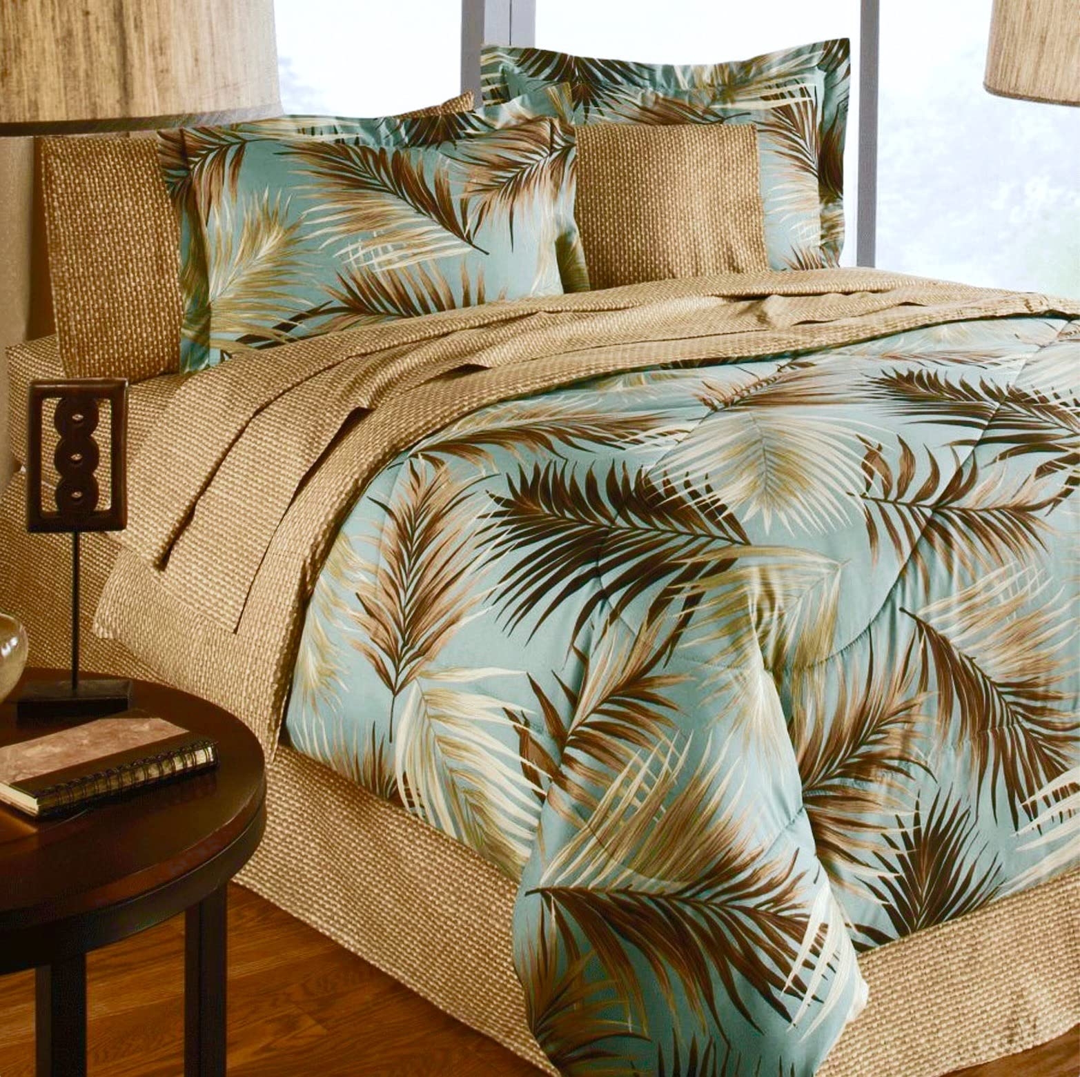 Bedding Set with Light Teal Palm Leaf Print and Woven Texture