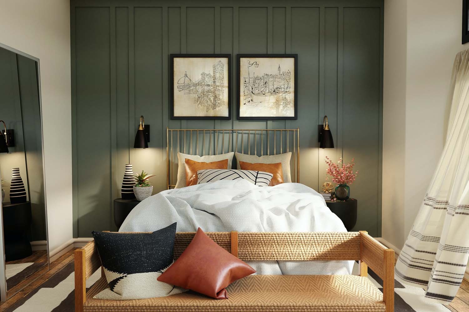 Bedroom Arrangement With Sage Green Board And Batten