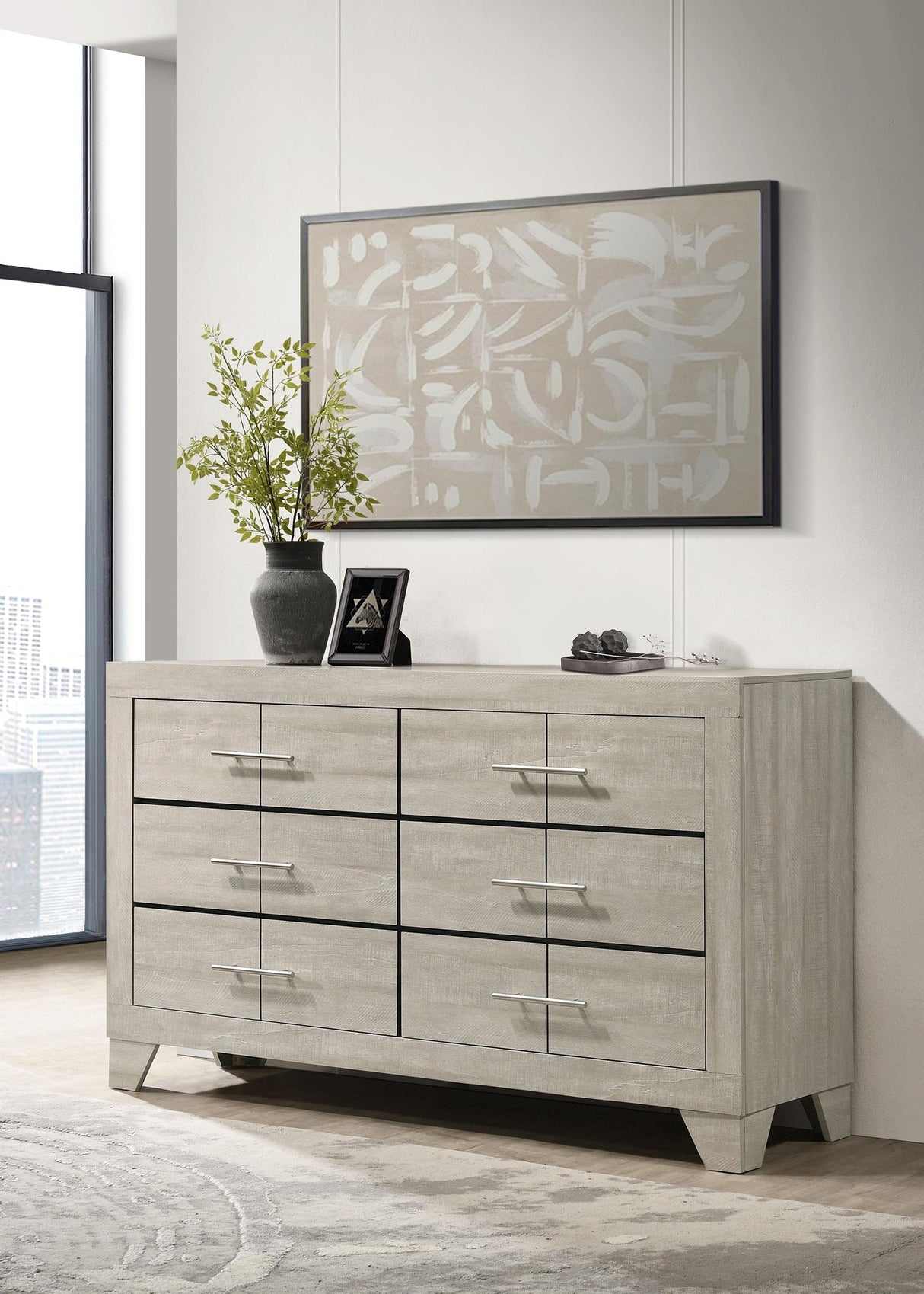 Bedroom Dresser Slim Silver Pulls Contemporary Neutral Piece