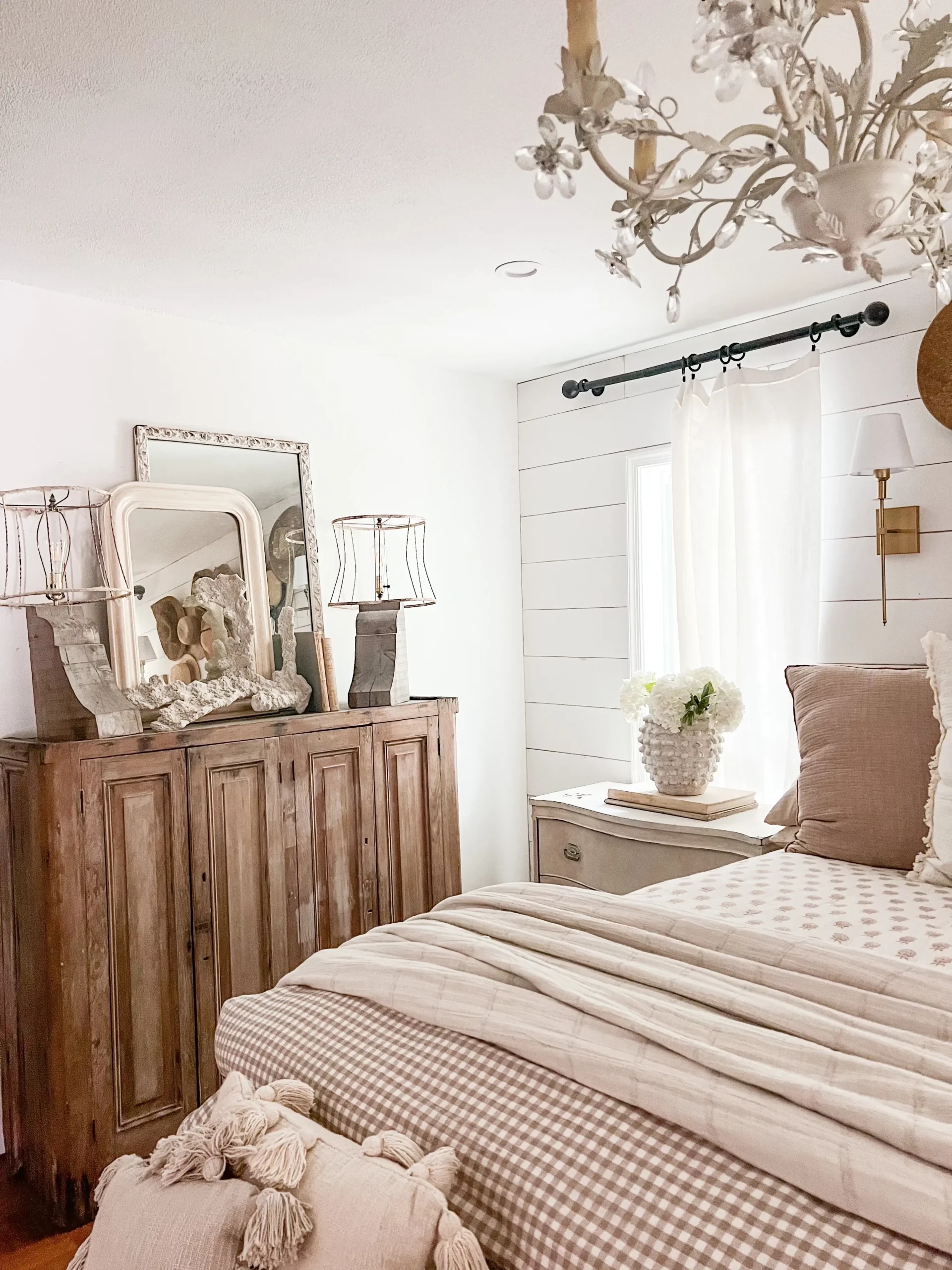 Bedroom Furniture with Weathered Wood Dresser & Shiplap Walls