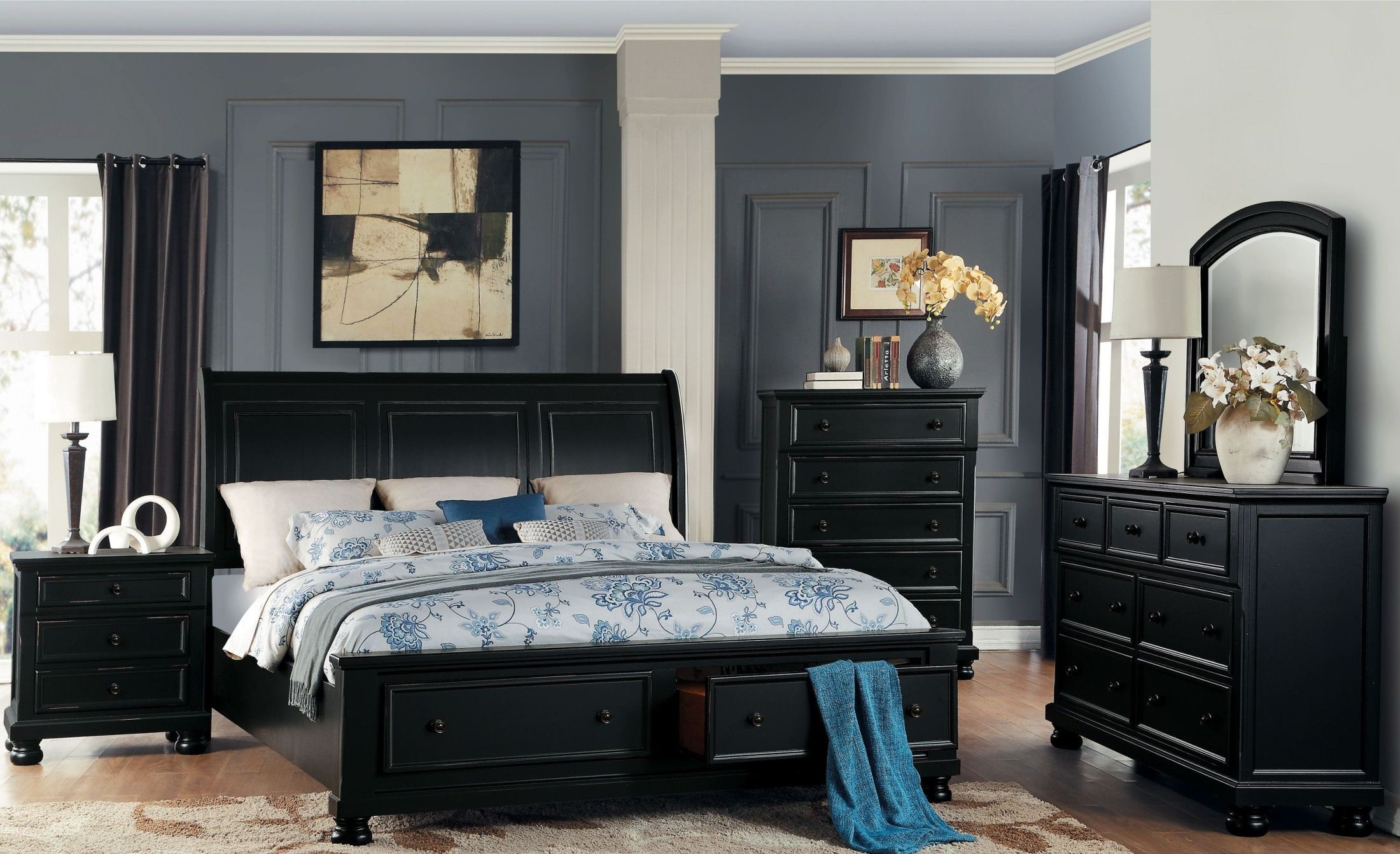 Bedroom Set: Arched Mirror Matte Black Sleigh Bedroom Set