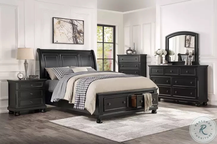Bedroom Set: Black Bun Feet Sleigh Bedroom Storage Set