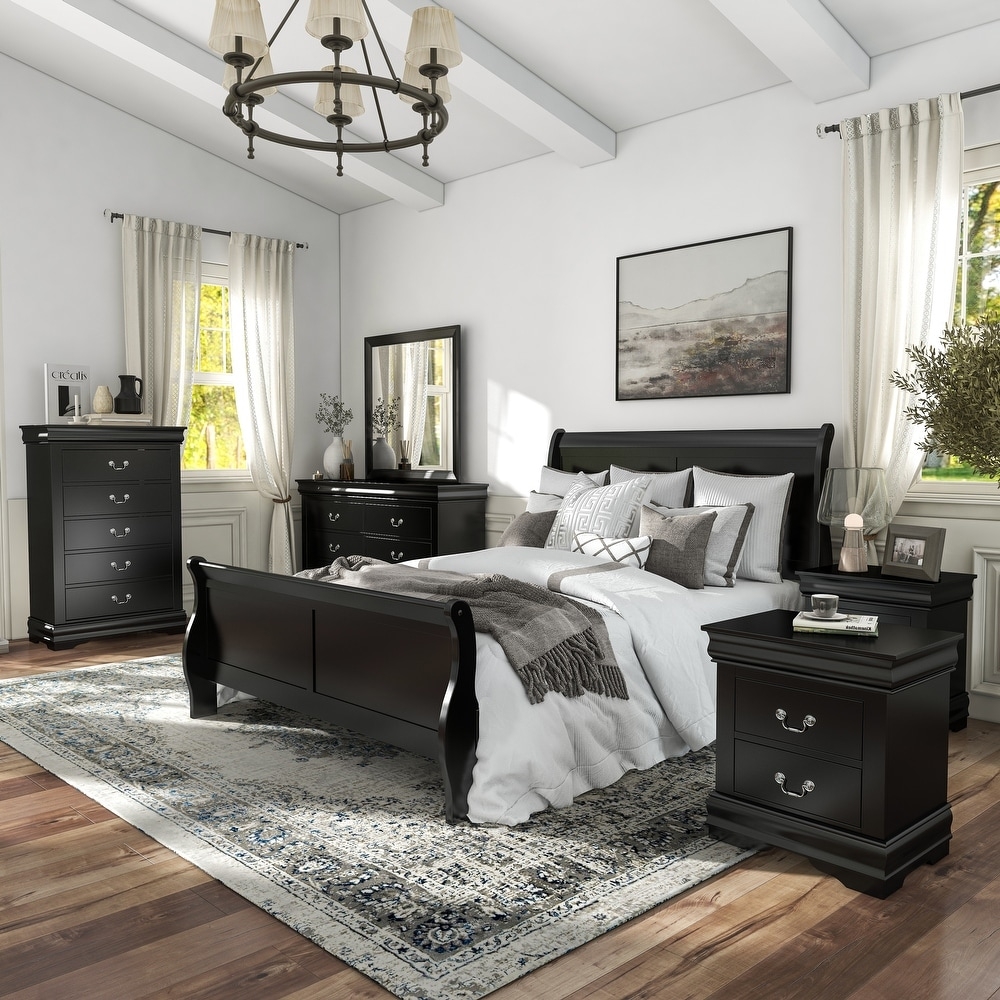 Bedroom Set: Ebony Finish 6-Piece Sleigh Bedroom Set