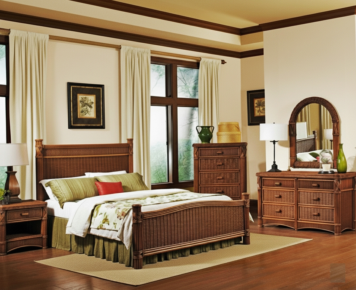 Bedroom Set in Chestnut Brown with Woven Rattan Cane Panels