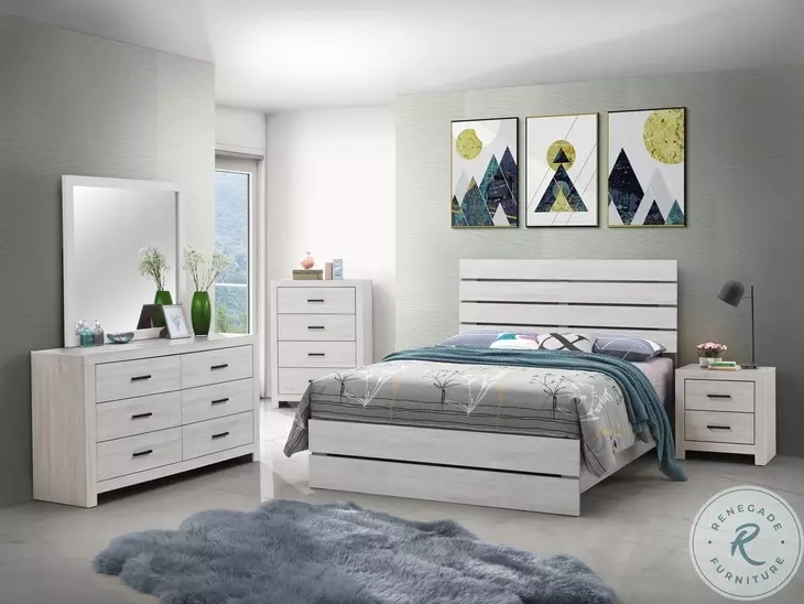 Bedroom Set with Black Bar Pulls: Whitewashed Wood Furniture