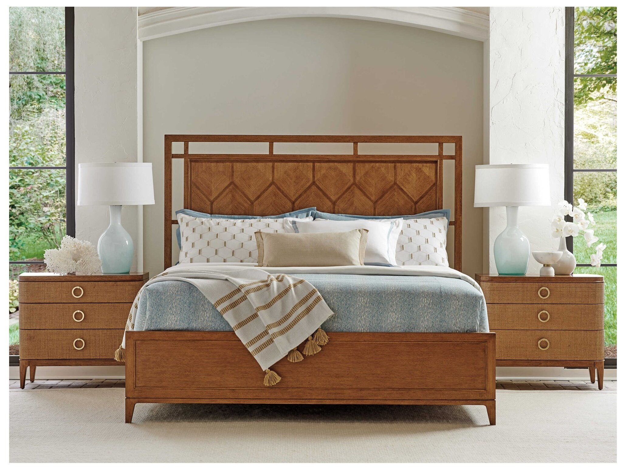 Bedroom Set with Geometric Parquetry Headboard and Wood Panels