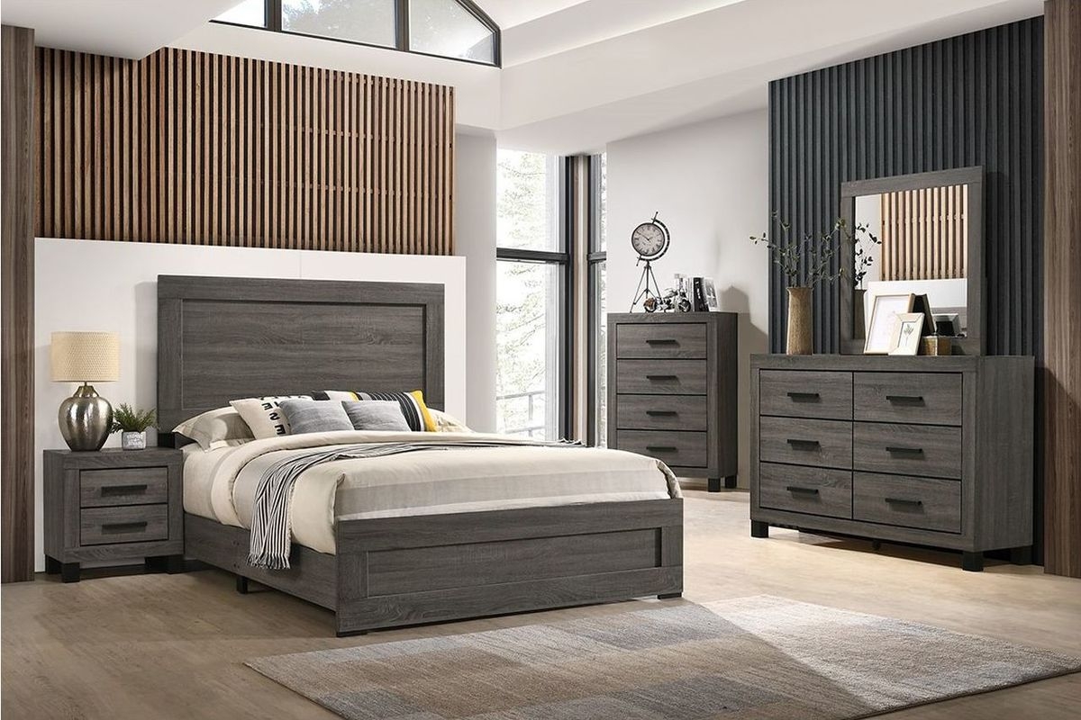 Bedroom Set with Grey Wood Grain and Industrial King Bed Pulls