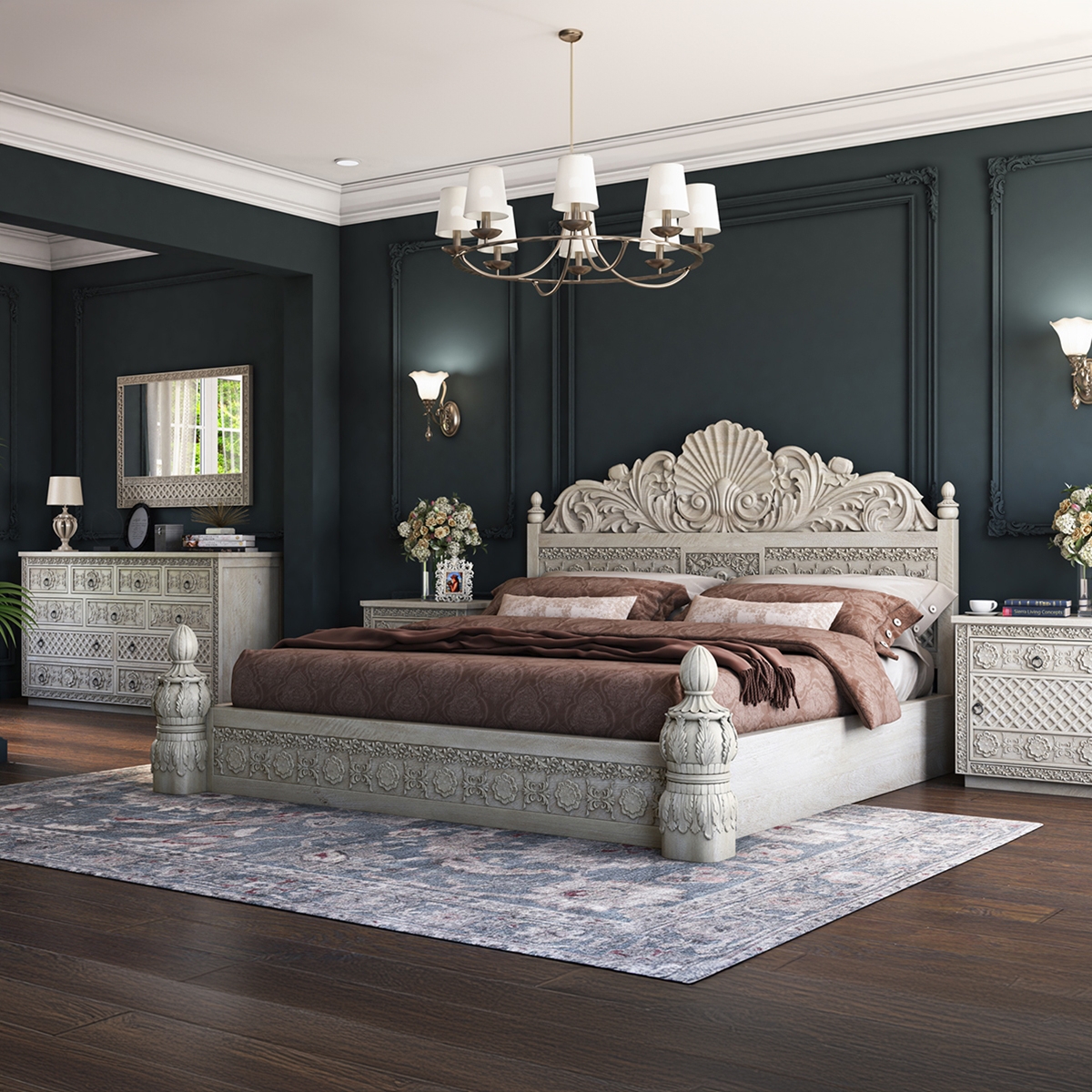 Bedroom Set with Hand Carved Lattice and Ornate Shell Headboard