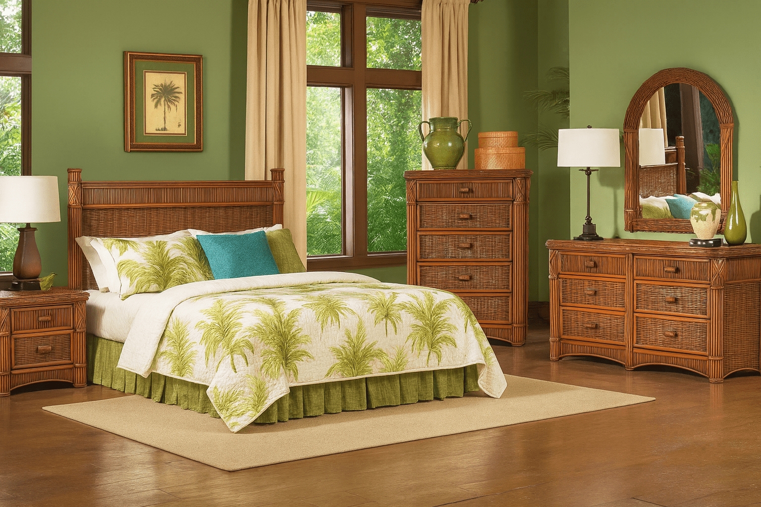 Bedroom Set with Island Silhouette and Woven Rattan Inserts