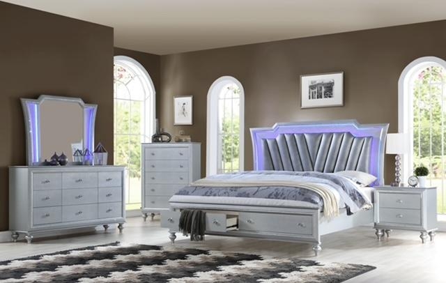Bedroom Set with LED Backlit Headboard Glam Silver Furniture