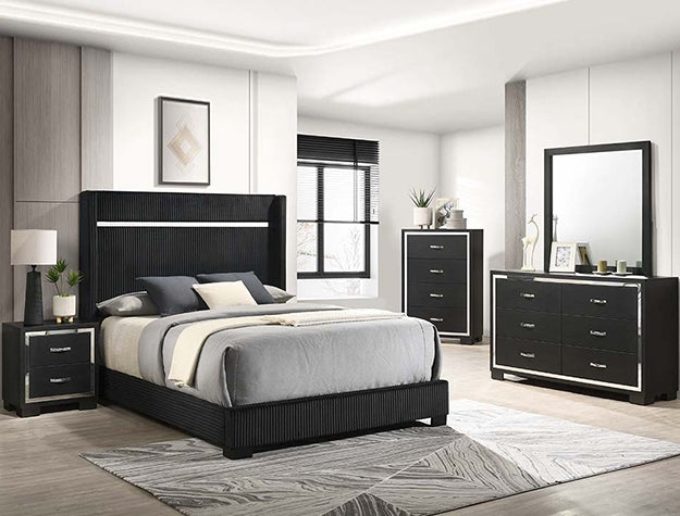 Bedroom Set with Mirrored Borders and Black Ribbed Headboard Bed